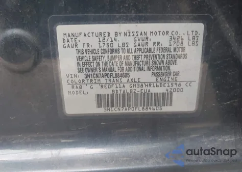 2015 Nissan Versa 1.6 Sv from USA, damaged, VIN 3N1CN7AP0FL884605